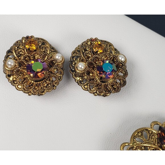 Vtg West Germany Aurora Borealis Amber Topaz Rhinestone Faux Pearl Brooch Set - Picture 9 of 16